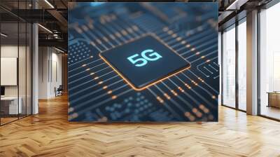 Close-up of 5G microchip on a circuit board, representing modern technology and fast connectivity in the digital era. Wall mural