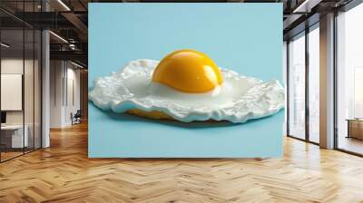 Close-up of a perfectly cooked sunny-side-up egg with a golden yolk on a vibrant blue background, showcasing a delicious breakfast idea. 3D Illustration. Wall mural