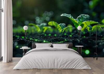 Close-up of young plants growing in soil with futuristic glowing lines, representing technology in agriculture and sustainable growth. Wall mural