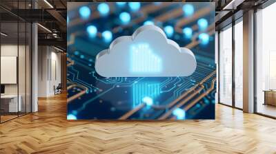 Cloud computing concept with digital growth bar graph icon, futuristic circuit board and data network background, technology representation. Wall mural