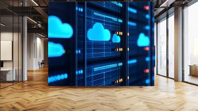 Cloud computing server room with glowing blue cloud icons, showcasing data storage and network connectivity in a modern data center. Wall mural