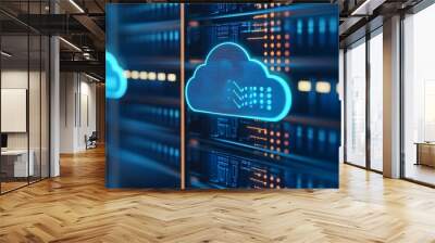 Cloud computing technology in data center. Blue neon cloud icon highlighting the digital storage solutions for business and IT. Wall mural