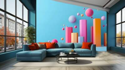 Colorful 3D bar and sphere chart on blue background. Modern design concept for data visualization, analytics, and business statistics. Wall mural