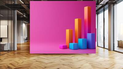 Colorful 3D bar graph on a vibrant pink background illustrating growth, data analysis, business metrics, and market trends. 3D Illustration. Wall mural