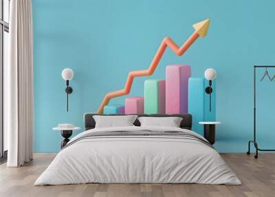 Colorful bar graph with an upward arrow on a blue background signifying growth, success, and positive business trend. Wall mural