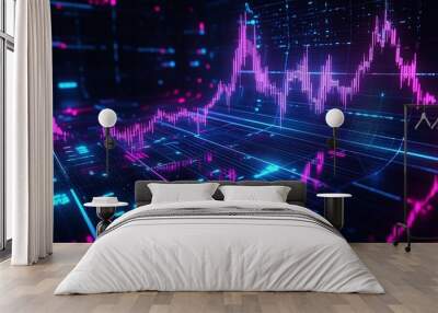 Colorful digital graph displaying stock market data trends with vibrant lines on a futuristic interface. Wall mural