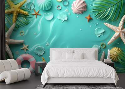 Colorful summer beach background with starfish, seashells, leaves, and a lifebuoy on a teal backdrop. Perfect for vacation themes. 3D Illustration. Wall mural