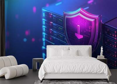 Cybersecurity concept with a digital shield protecting a server rack. Modern data security, firewall, and technology protection. Wall mural