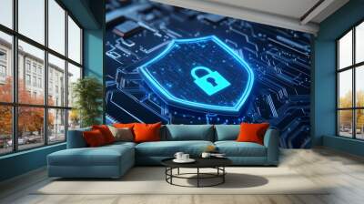 Cybersecurity shield with digital lock icon on a blue circuit board, representing data protection and online security. Wall mural