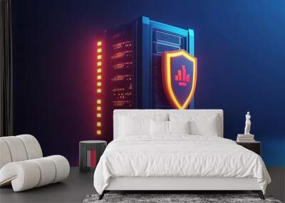 Data server with illuminated shield icon, representing cybersecurity and data protection in a modern technology environment. Wall mural