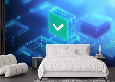 Digital check mark on a futuristic circuit board, representing technology verification and approval process. Wall mural