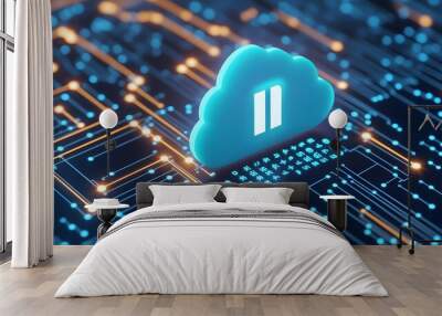 Digital cloud computing concept with pause button on circuit board, representing data storage technology and online services. Wall mural