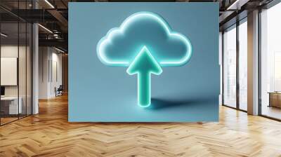 Digital cloud upload icon glowing in neon blue. Concept of cloud storage, online backup, and data transfer in technology. Wall mural