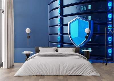 Digital data security concept with blue shield protecting server in modern data center for cybersecurity themes. Wall mural