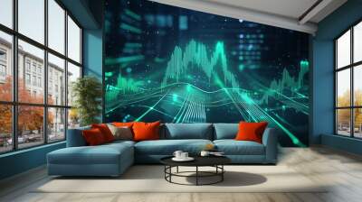 Digital data visualization with green waveforms, representing financial growth and analysis in a futuristic setting. Wall mural