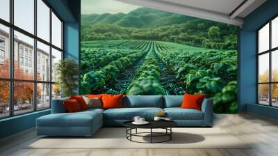 Digital farming technology and crop field integration, green agriculture in a scenic landscape emphasizing innovation and sustainability. Wall mural