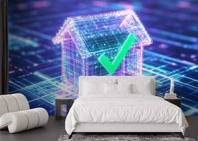 Digital house symbol with green check mark over a network of glowing lines. Wall mural