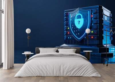 Digital security concept with server and shield. Cyber protection technology for data safeguarding and secure information storage. Wall mural