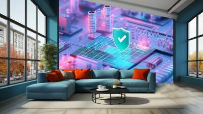 Digital security icon on a futuristic circuit board background, representing cybersecurity and data protection. Wall mural