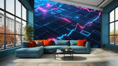 Digital stock market graph with pink and blue lines on dark background, representing financial data and trading trends. Wall mural