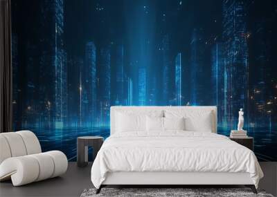 Futuristic blue digital cityscape with glowing skyscrapers and vibrant grid lines, representing technology and innovation. Wall mural