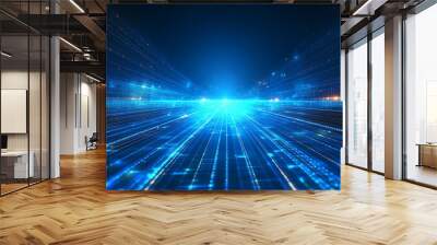 Futuristic bright blue light beams creating a dynamic sense of motion and technology amid a dark background. Wall mural