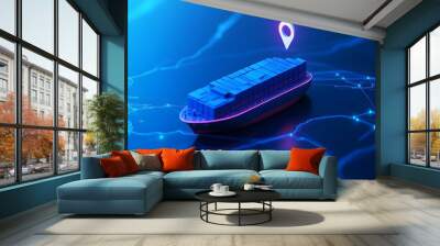 Futuristic cargo ship with GPS navigation, visualizing advanced technology in maritime logistics and global shipping networks. Wall mural