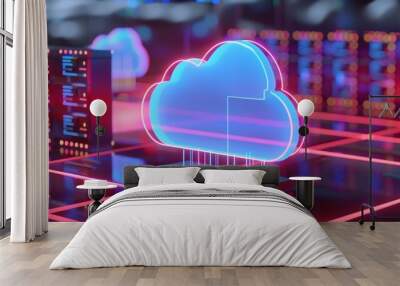 Futuristic cloud computing symbol with neon effect, representing digital data storage and technology innovation. Wall mural