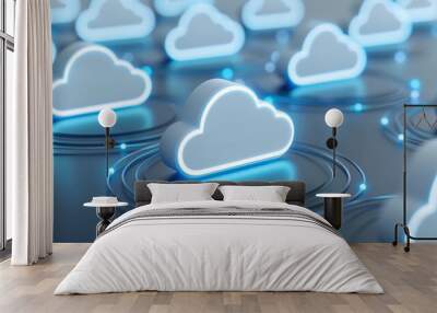 Futuristic cloud icons glowing in a digital landscape. Ideal for concepts of technology, data storage, and cloud computing. Wall mural