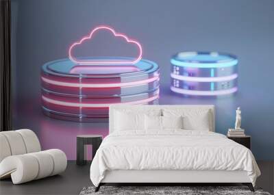 Futuristic cloud server design with neon lights, representing cloud computing and data storage in a modern digital era. Wall mural