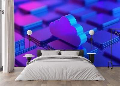 Futuristic cloud storage concept with glowing blue cloud icon and modern background in pink and blue neon lights. Wall mural