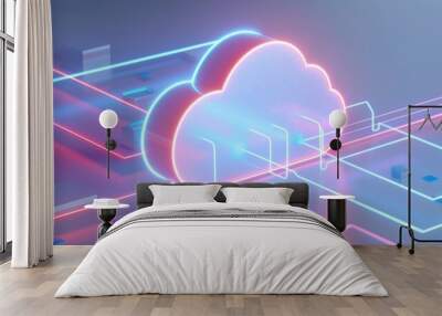 Futuristic cloud technology illustration with neon lines and digital connectivity, representing data storage and online services. Wall mural