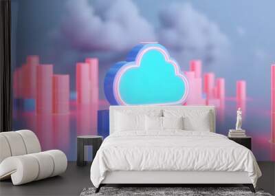 Futuristic cloud technology represented by neon lights and structures, depicting modern data storage and networking solutions. 3D Illustration. Wall mural