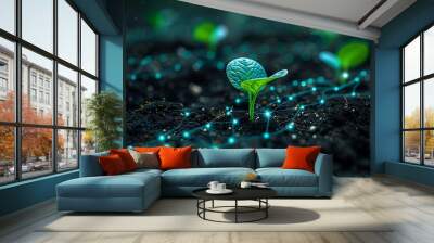 Futuristic concept of digital technology in agriculture with a young plant in soil connected by glowing network lines Wall mural