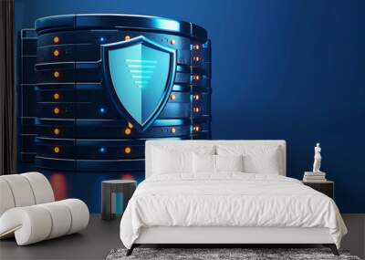 Futuristic data storage server with a shield symbol, representing cybersecurity and data protection in technology. Wall mural