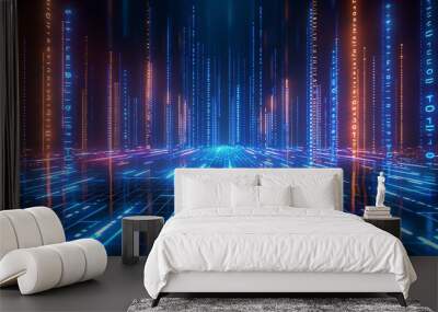 Futuristic data stream with glowing lines and binary code in vibrant colors, creating a dynamic digital landscape. Wall mural