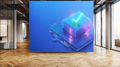 Futuristic depiction of a glowing microchip with a check mark, representing advanced technology and digital security on blue background. Wall mural