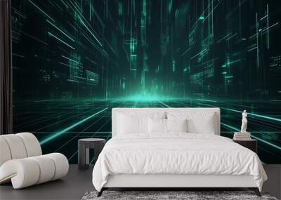 Futuristic digital background showcasing a vibrant flow of neon lines and data, creating a sense of depth and movement. Wall mural