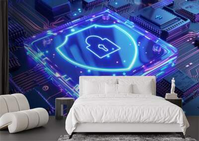 Futuristic digital circuit board with glowing lock icon, representing cybersecurity and data protection technology. Wall mural