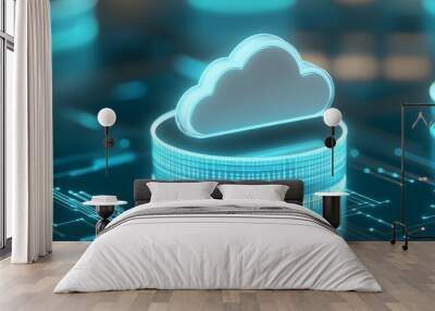 Futuristic digital cloud icon representing cloud computing and data storage technology in a blue-toned abstract network environment. Wall mural