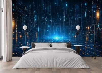 Futuristic digital data technology background with blue and orange glowing lines, representing the concept of cyberspace and data transmission. Wall mural