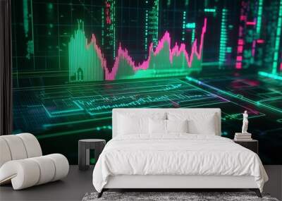 Futuristic digital data visualization with graphs and indicators on a screen. Wall mural