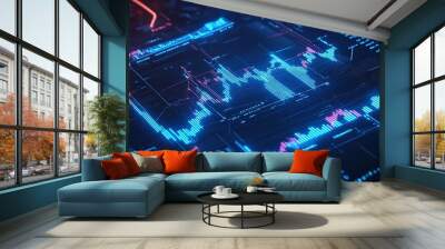 Futuristic digital data visualization with vibrant blue and pink neon effects on a dark background. Wall mural