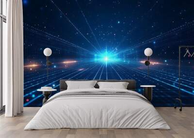 Futuristic digital grid background with glowing lines and points, depicting advanced technology and data communication in a virtual space. Wall mural