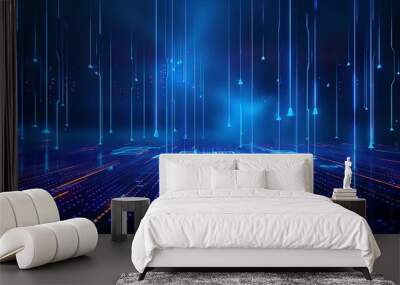 Futuristic digital landscape with glowing blue lines and particles, representing advanced technology and data flow. Wall mural