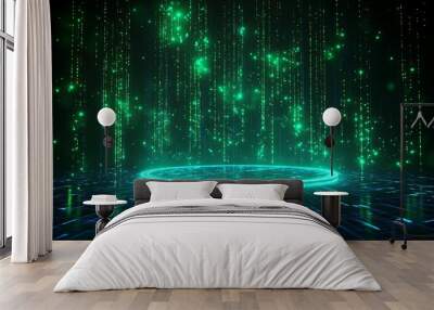 Futuristic digital landscape with glowing green lights and data streams creating a neon circuit-like design. Wall mural