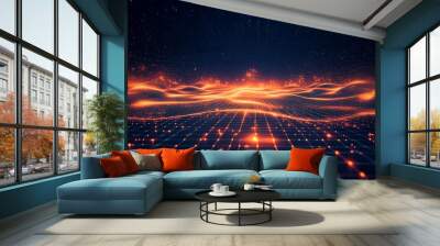 Futuristic digital landscape with glowing waves and grid patterns, creating a vibrant and dynamic atmosphere for technology themes. Wall mural