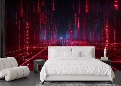 Futuristic digital landscape with red glowing lines and data streams, creating an immersive sci-fi ambiance. Stage for product presentation. Wall mural