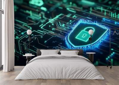 Futuristic digital security interface depicting a padlock symbol on a circuit board, representing cybersecurity and data protection. Wall mural