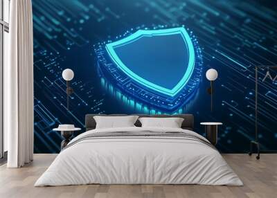 Futuristic digital shield symbolizing cybersecurity protection in a high-tech network, with glowing blue circuits on a dark background. Wall mural